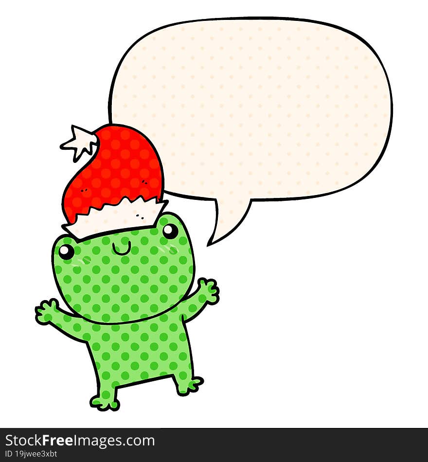 cute cartoon frog wearing christmas hat with speech bubble in comic book style