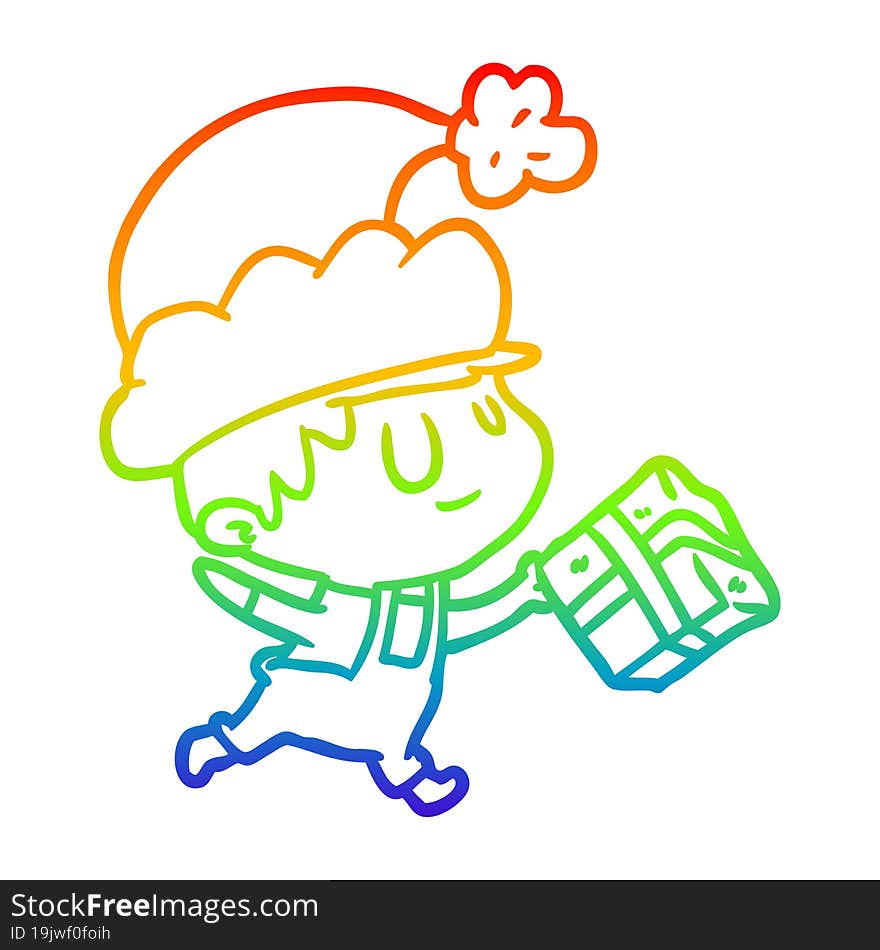 rainbow gradient line drawing of a happy christmas elf with present