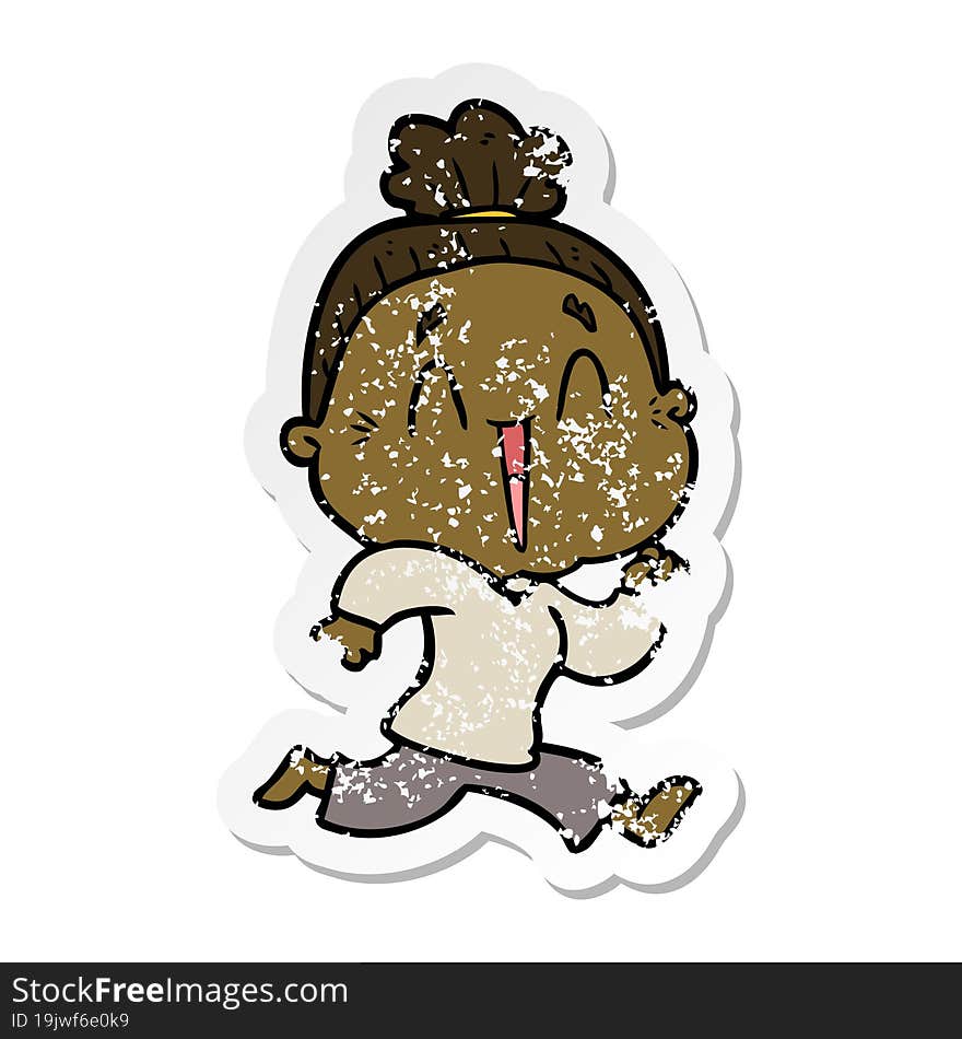 distressed sticker of a cartoon happy old lady