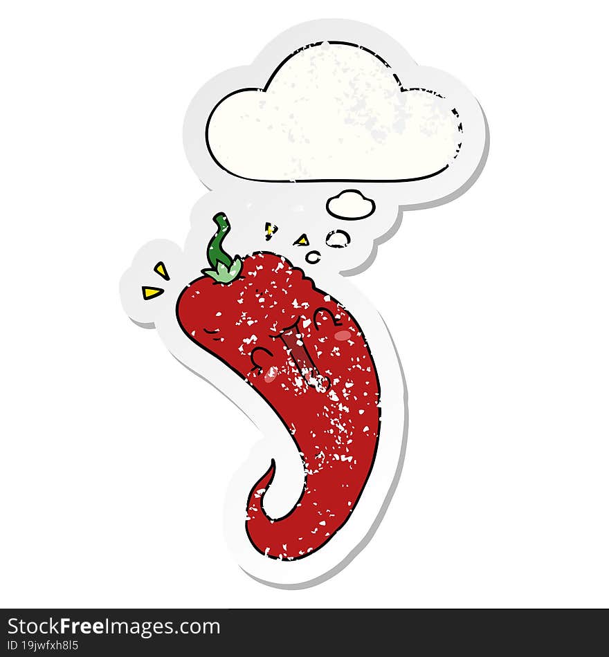 cartoon chili pepper and thought bubble as a distressed worn sticker