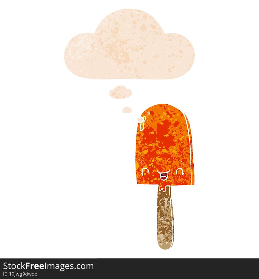 cartoon ice lolly and thought bubble in retro textured style