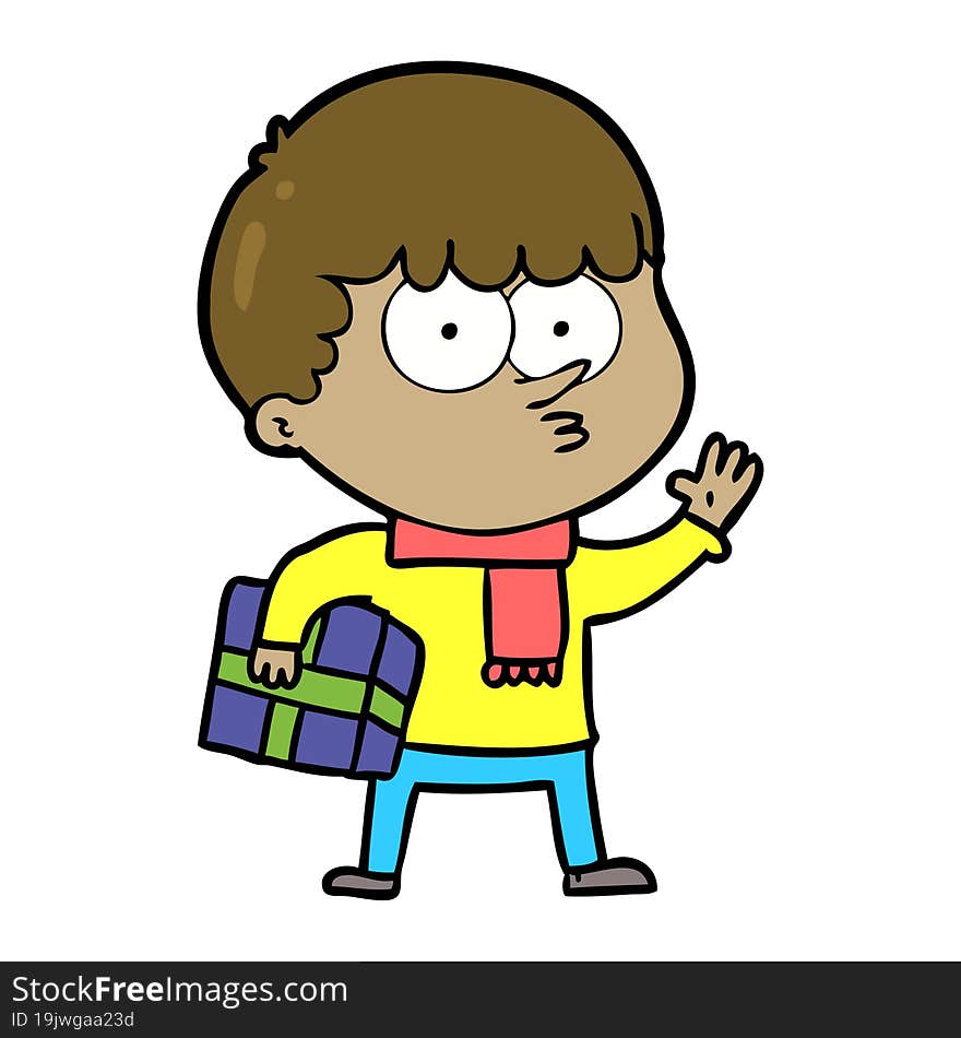 cartoon curious boy carrying a gift. cartoon curious boy carrying a gift