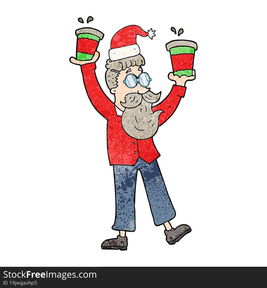 freehand textured cartoon man with coffee cups at christmas