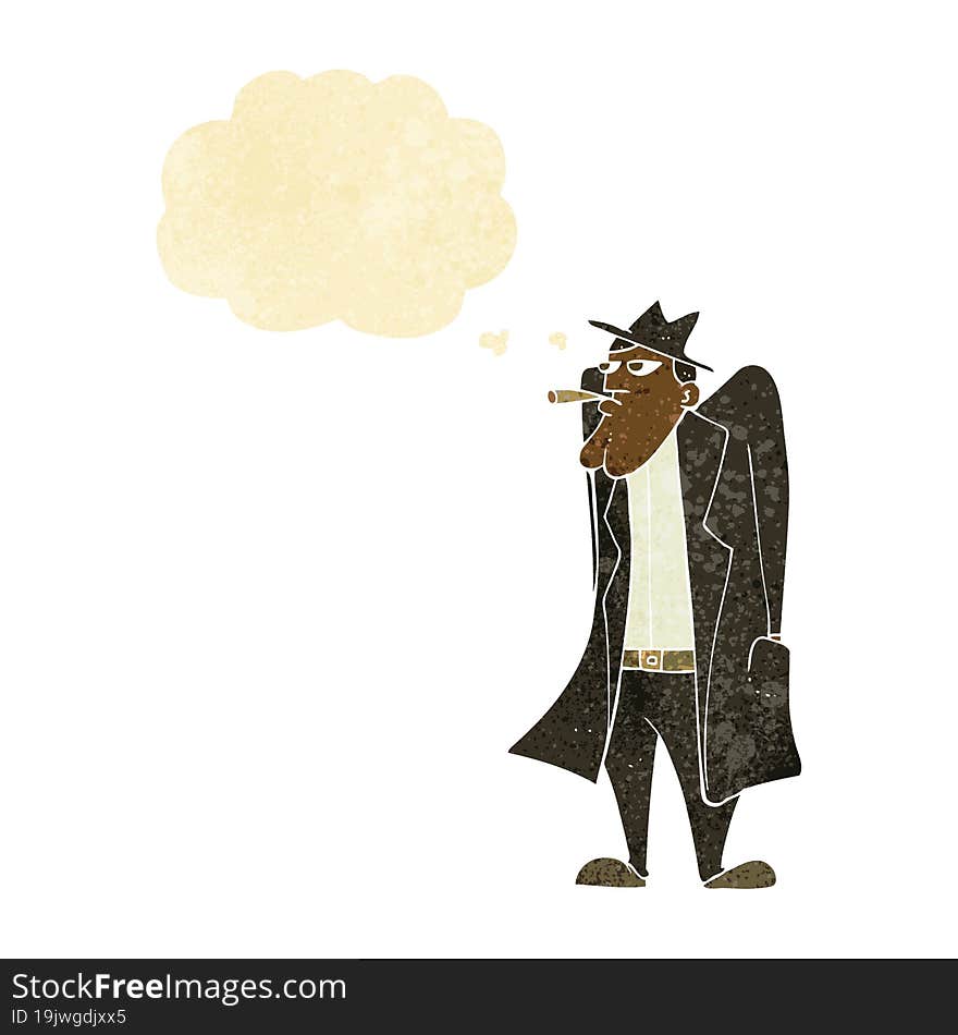 cartoon man in hat and trench coat with thought bubble