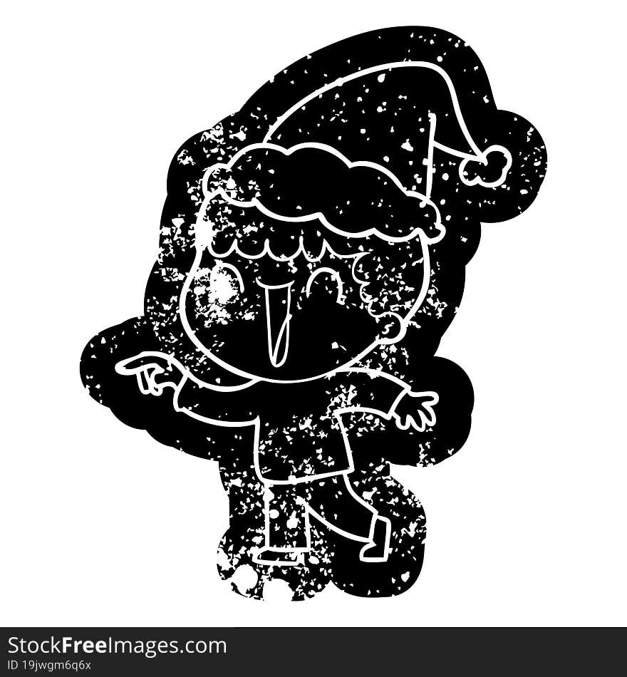 laughing quirky cartoon distressed icon of a man pointing wearing santa hat