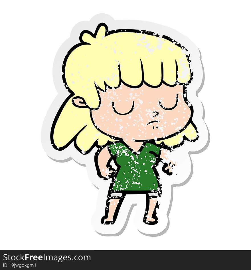 distressed sticker of a cartoon indifferent woman