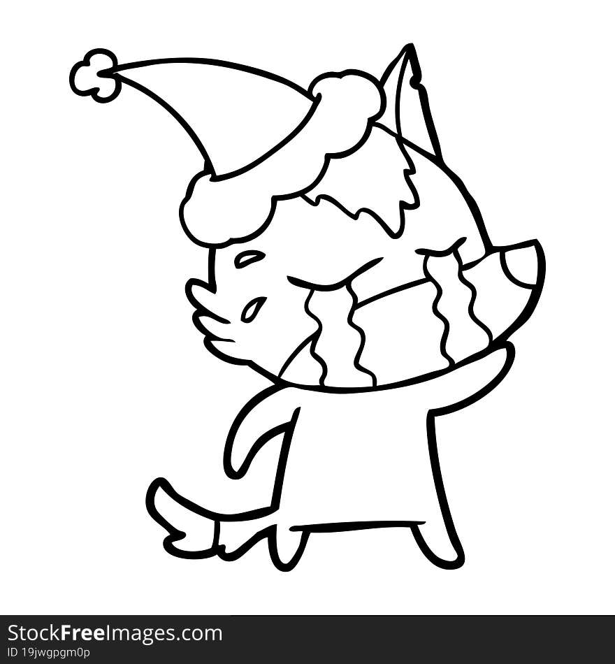 Line Drawing Of A Crying Wolf Wearing Santa Hat