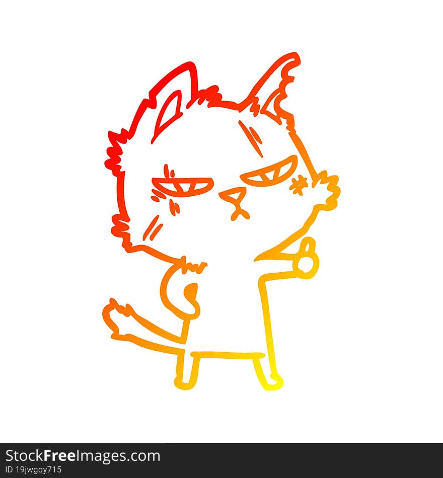 Warm Gradient Line Drawing Tough Cartoon Cat Giving Thumbs Up Symbol