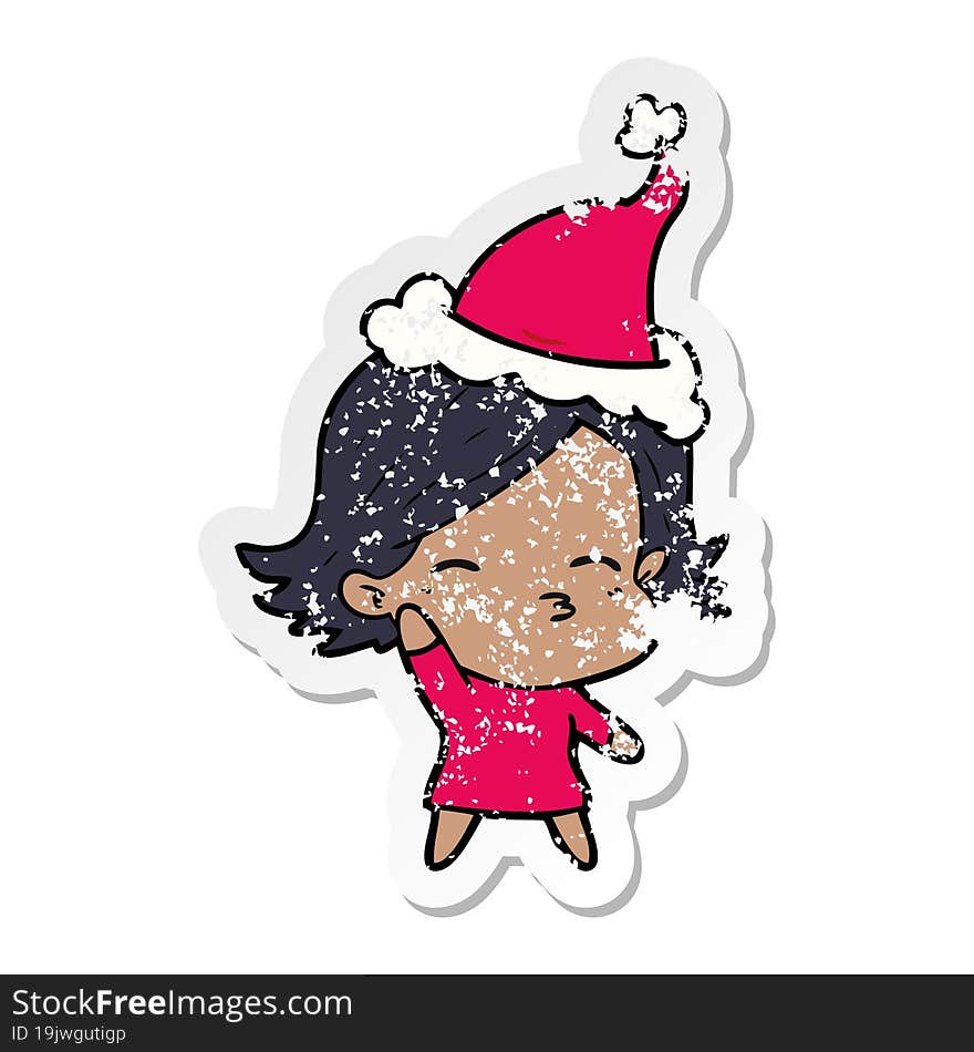 hand drawn distressed sticker cartoon of a woman wearing santa hat