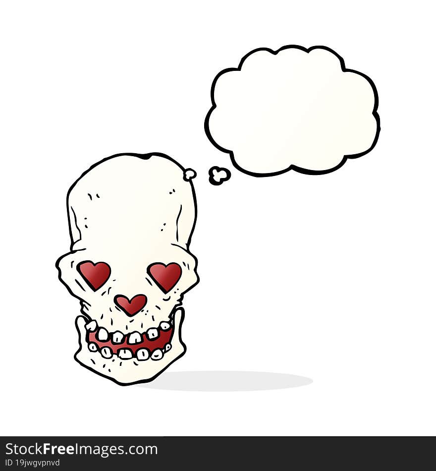 cartoon skull with love heart eyes with thought bubble