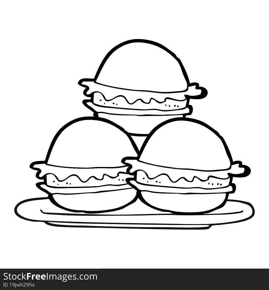 freehand drawn black and white cartoon plate of burgers