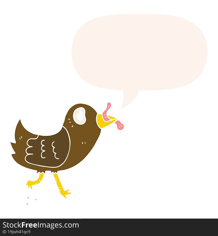 Cartoon Bird And Worm And Speech Bubble In Retro Style