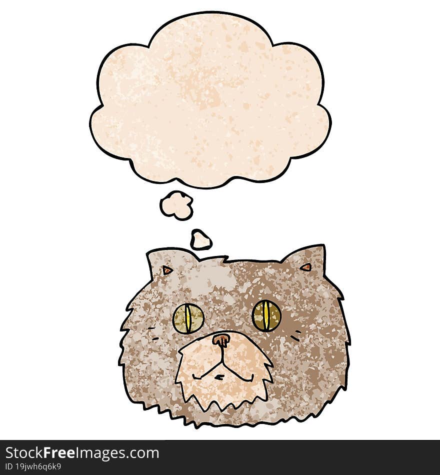 cartoon cat face and thought bubble in grunge texture pattern style