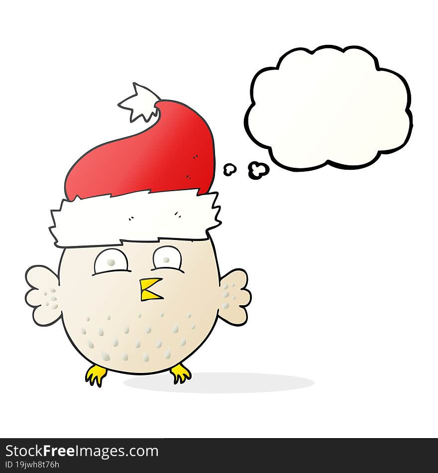 freehand drawn thought bubble cartoon owl wearing christmas hat