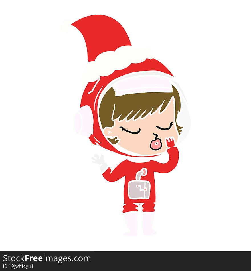 flat color illustration of a pretty astronaut girl wearing santa hat