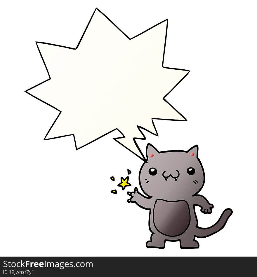 cartoon cat scratching and speech bubble in smooth gradient style