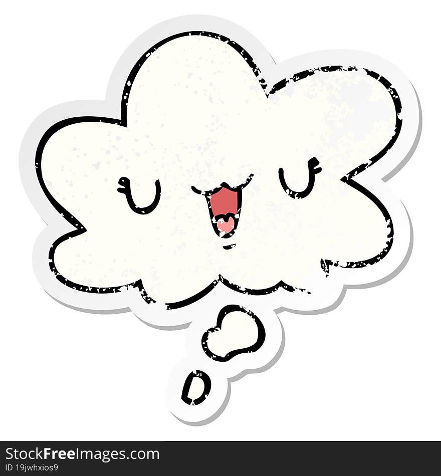 cute happy cartoon face and thought bubble as a distressed worn sticker