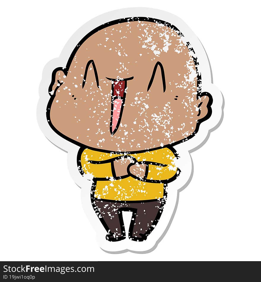 distressed sticker of a happy cartoon bald man