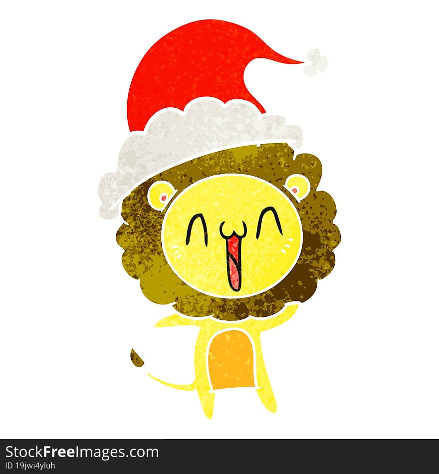 happy hand drawn retro cartoon of a lion wearing santa hat. happy hand drawn retro cartoon of a lion wearing santa hat