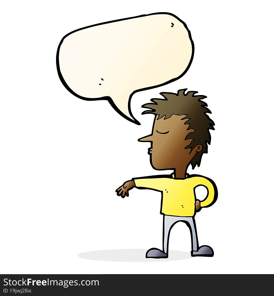 cartoon man making camp gesture with speech bubble