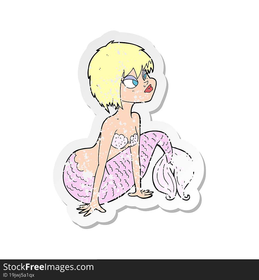 retro distressed sticker of a cartoon pretty mermaid