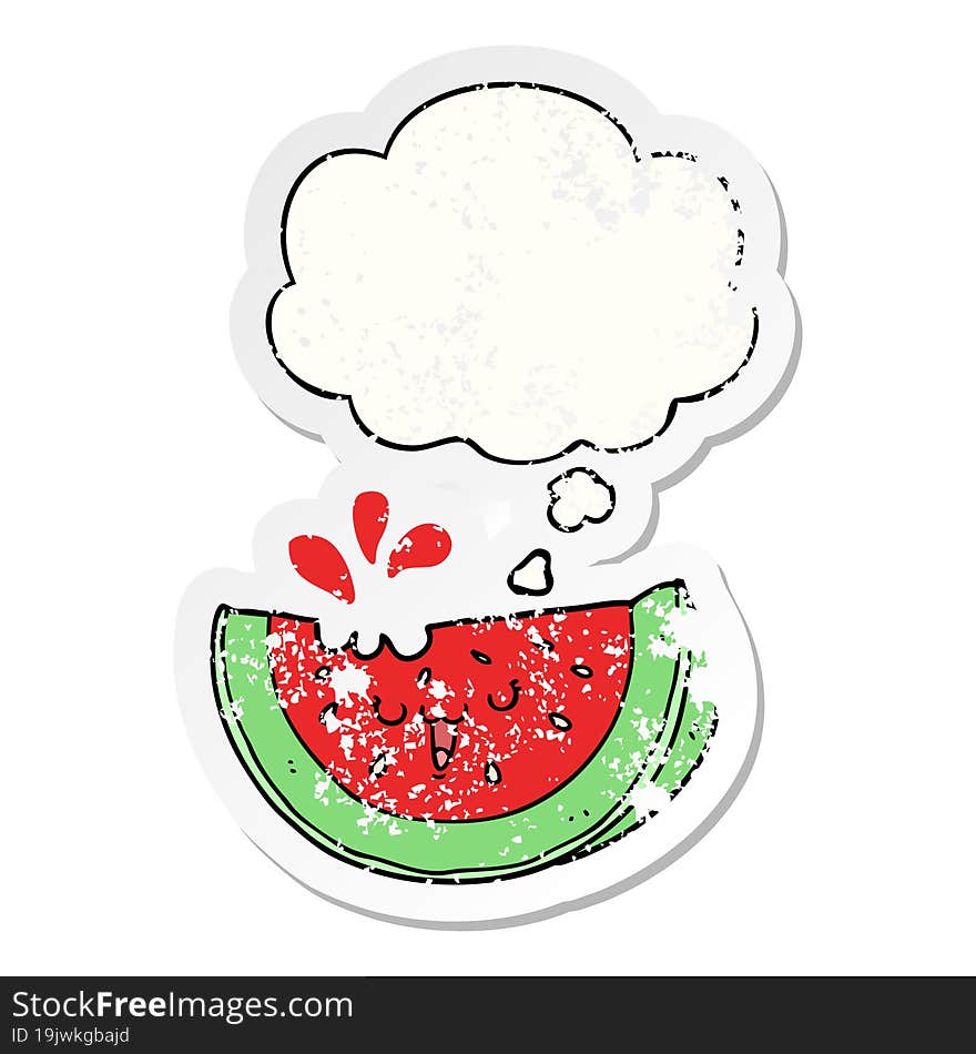 cartoon watermelon and thought bubble as a distressed worn sticker