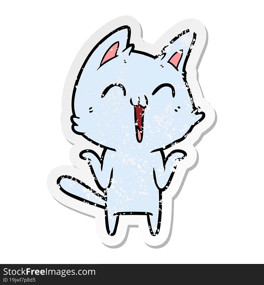 distressed sticker of a happy cartoon cat