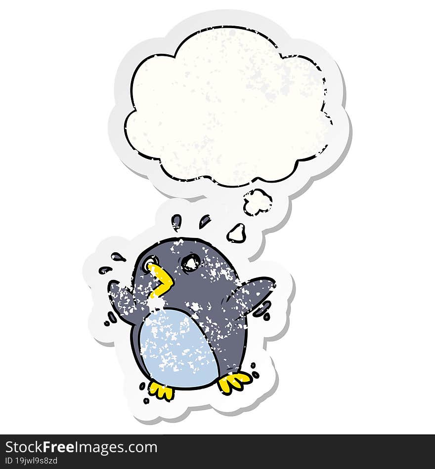 cartoon frightened penguin and thought bubble as a distressed worn sticker