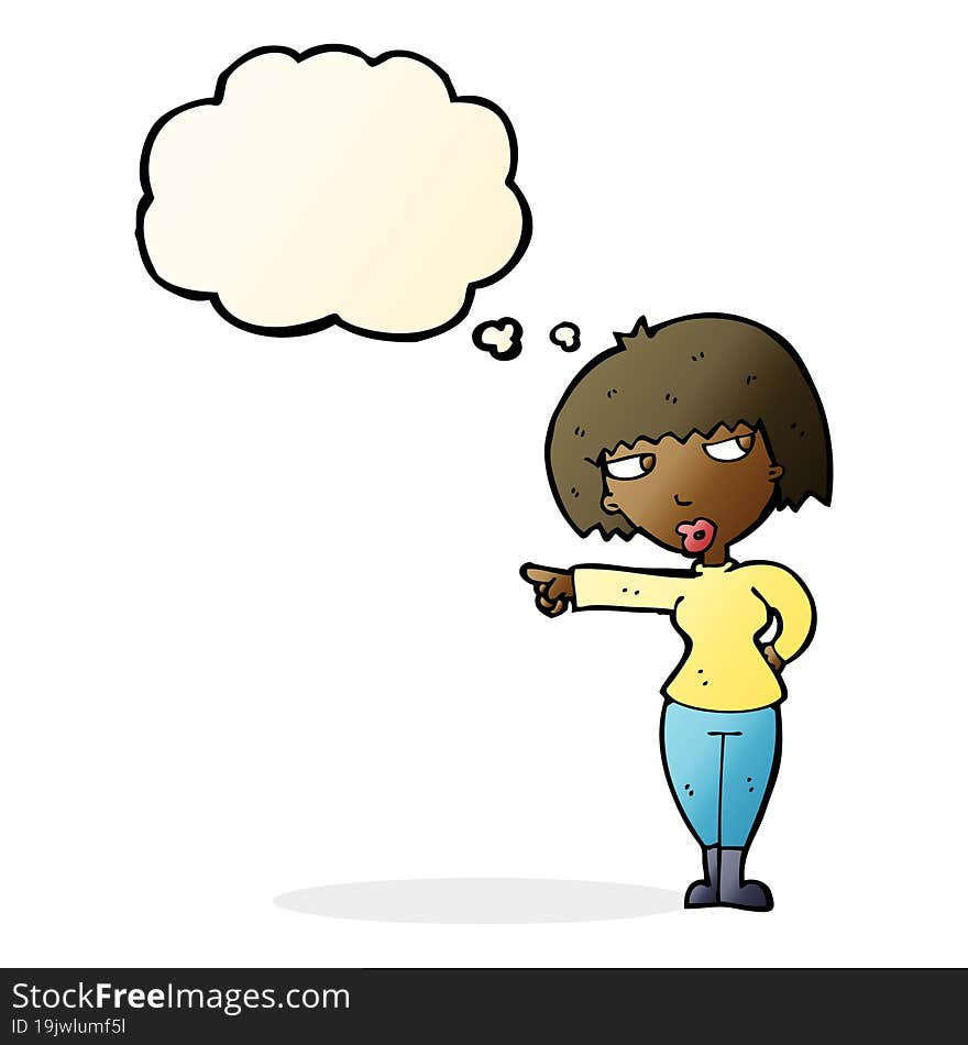 cartoon annoyed woman pointing with thought bubble