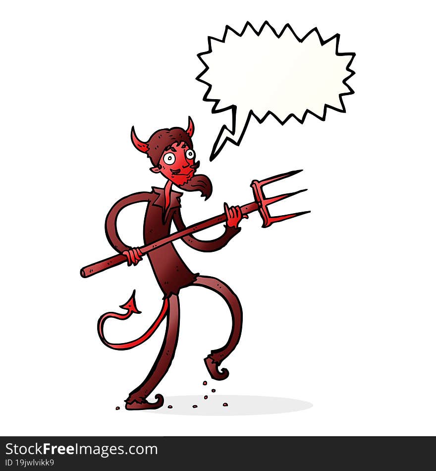 cartoon devil with pitchfork with speech bubble