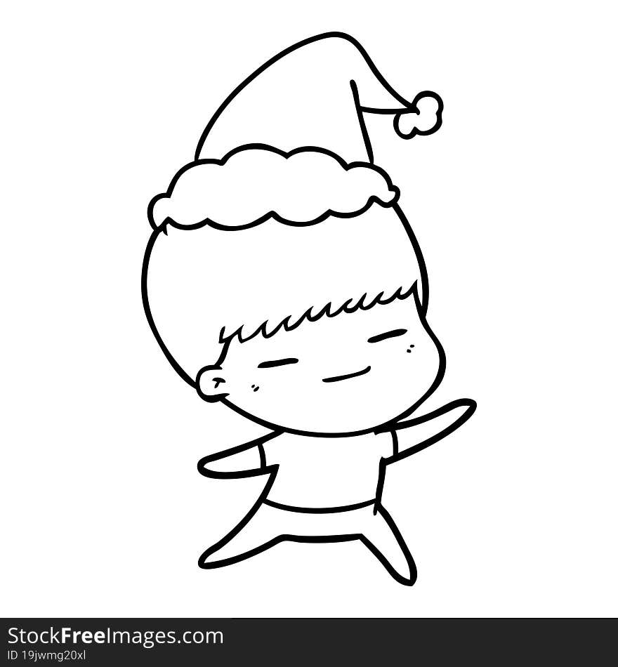 line drawing of a smug boy wearing santa hat