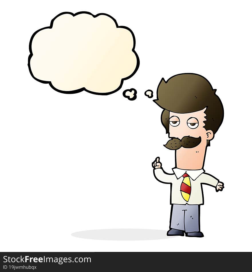 cartoon man with mustache explaining with thought bubble