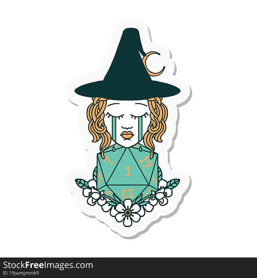 Crying Human Witch With Natural One D20 Dice Roll Sticker