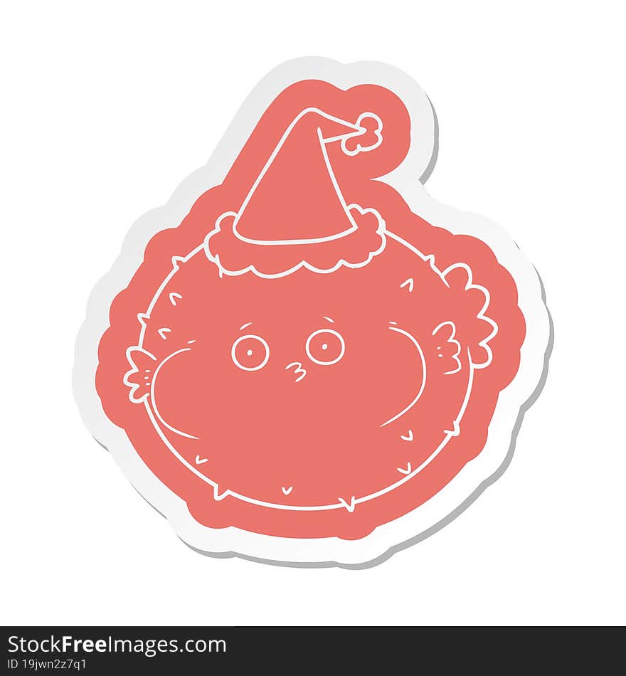 cartoon  sticker of a puffer fish wearing santa hat