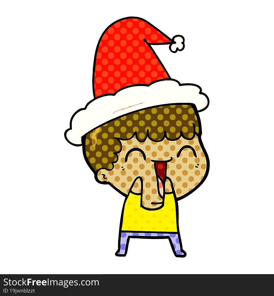 hand drawn comic book style illustration of a happy man wearing santa hat