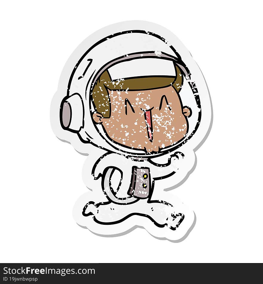 distressed sticker of a happy cartoon astronaut