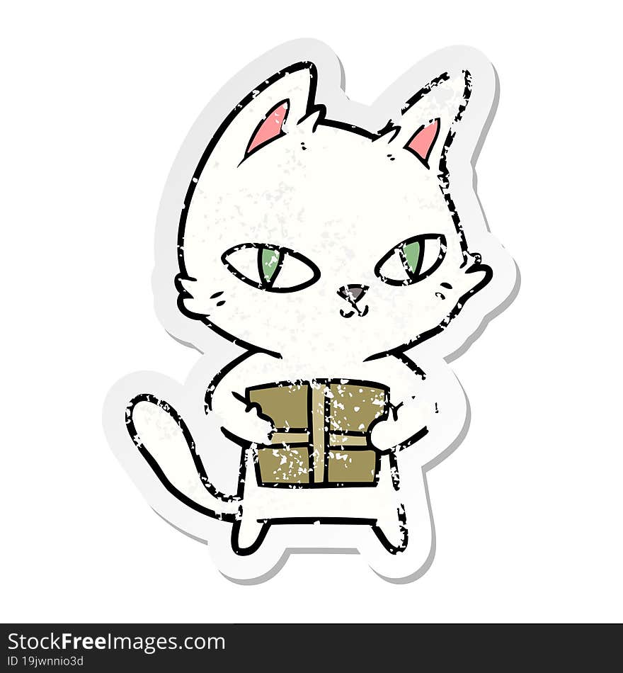 distressed sticker of a cartoon cat holding parcel