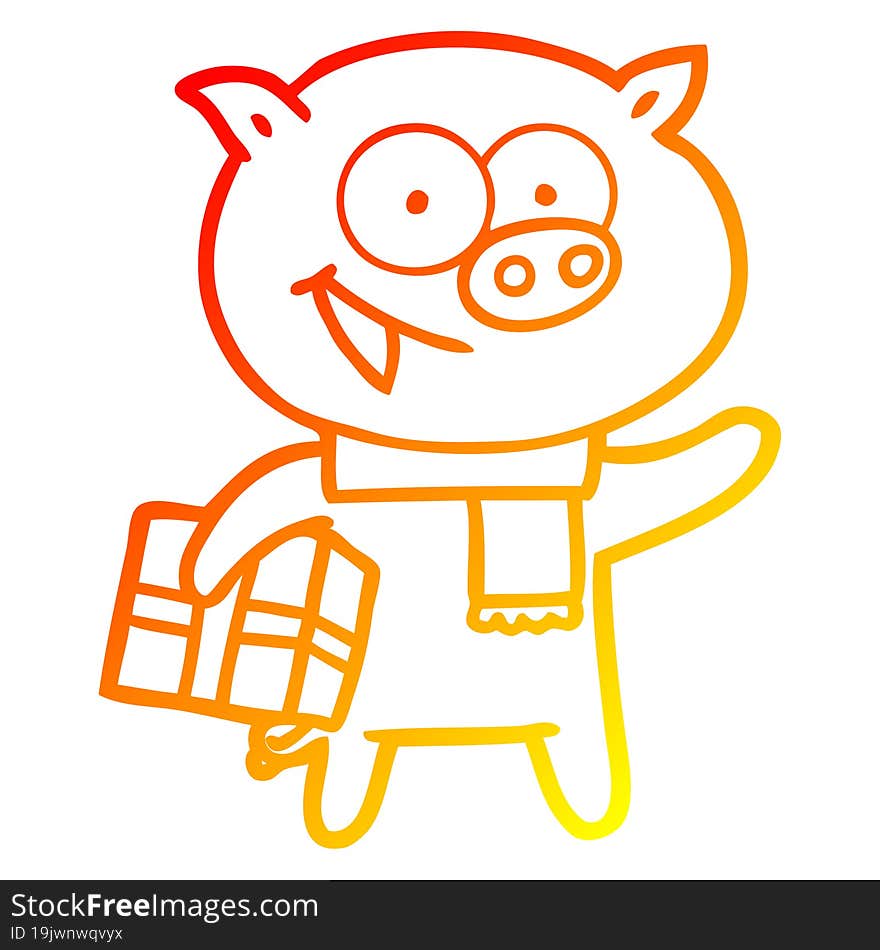 warm gradient line drawing of a cheerful pig with christmas gift