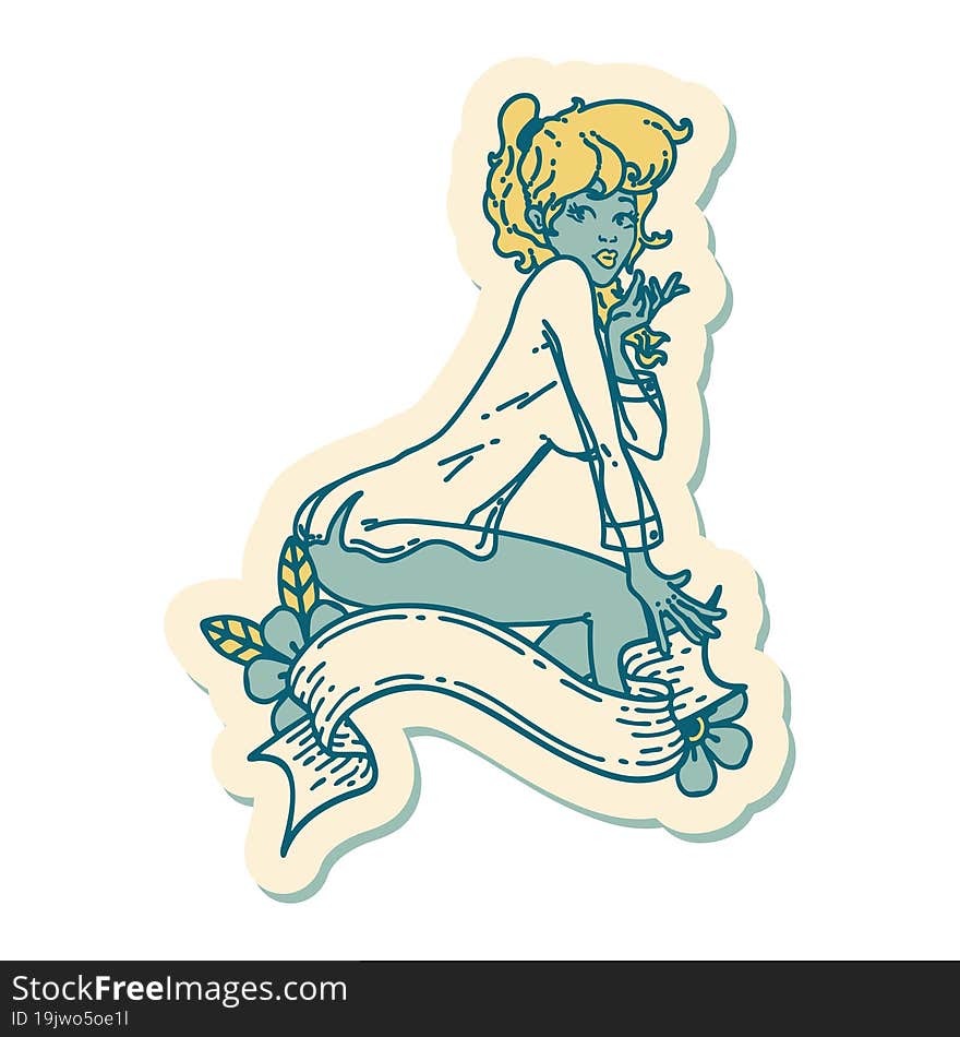 Tattoo Style Sticker Of A Pinup Girl Wearing A Shirt With Banner