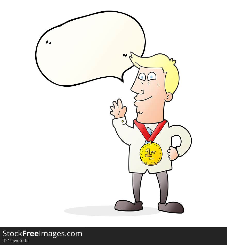 Speech Bubble Cartoon Waving Man With Award