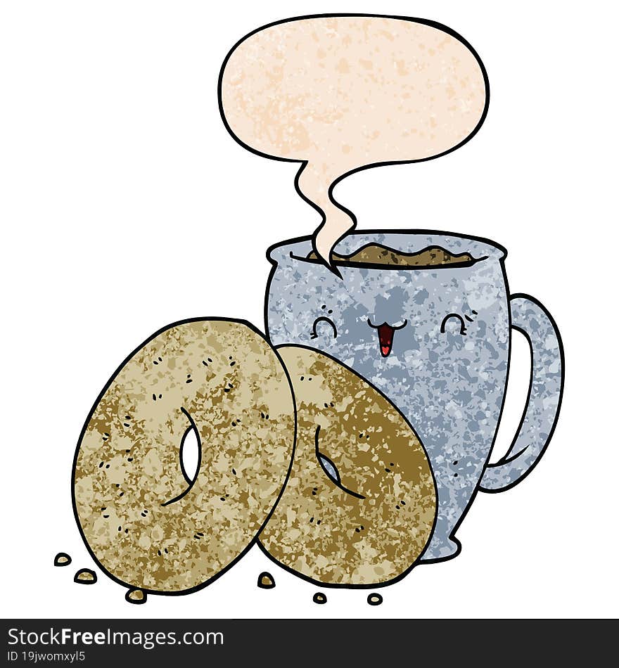 cartoon coffee and donuts and speech bubble in retro texture style