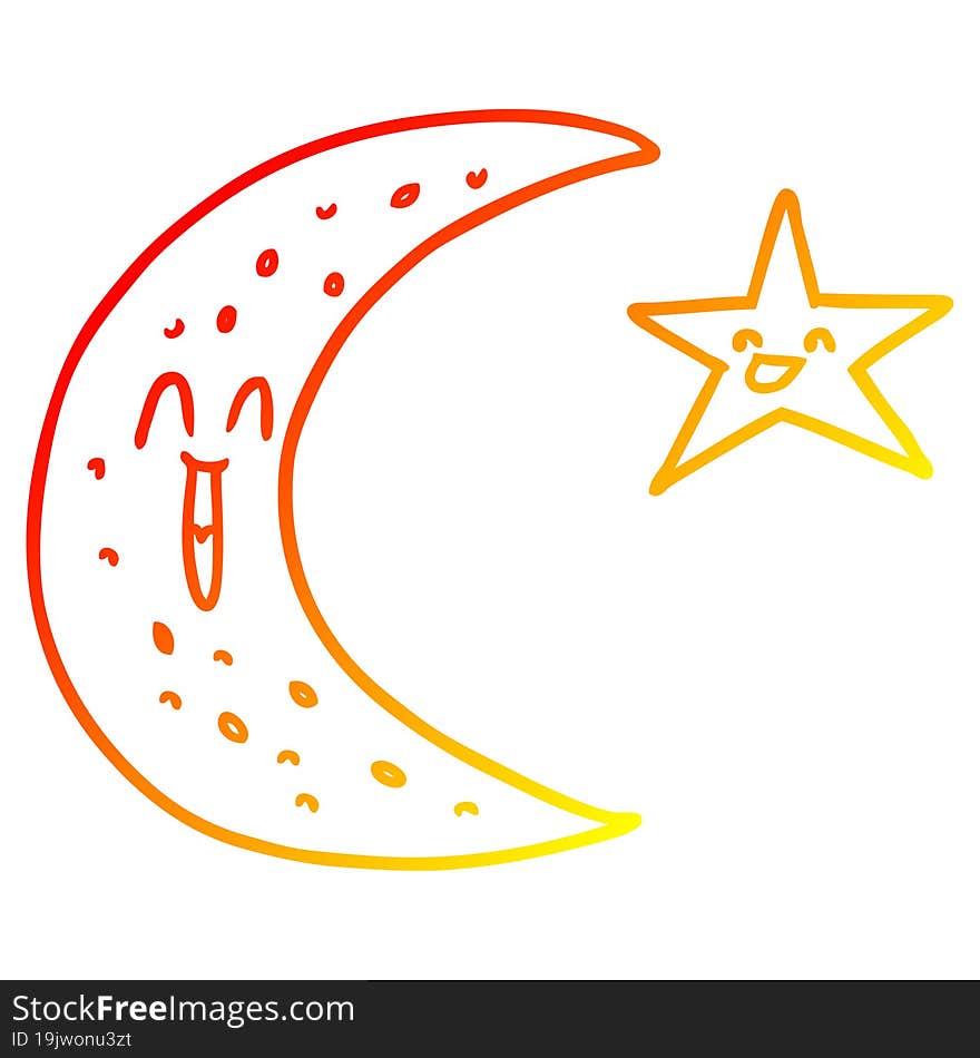 Warm Gradient Line Drawing Happy Cartoon Moon And Star