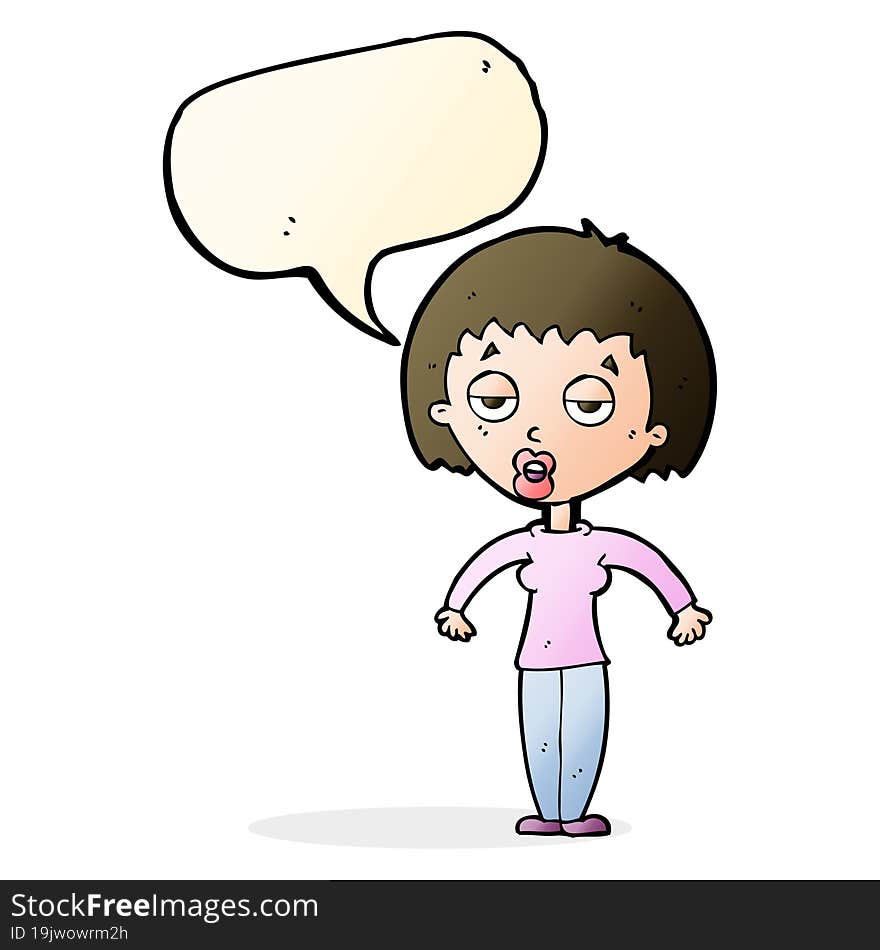 cartoon woman shrugging shoulders with speech bubble