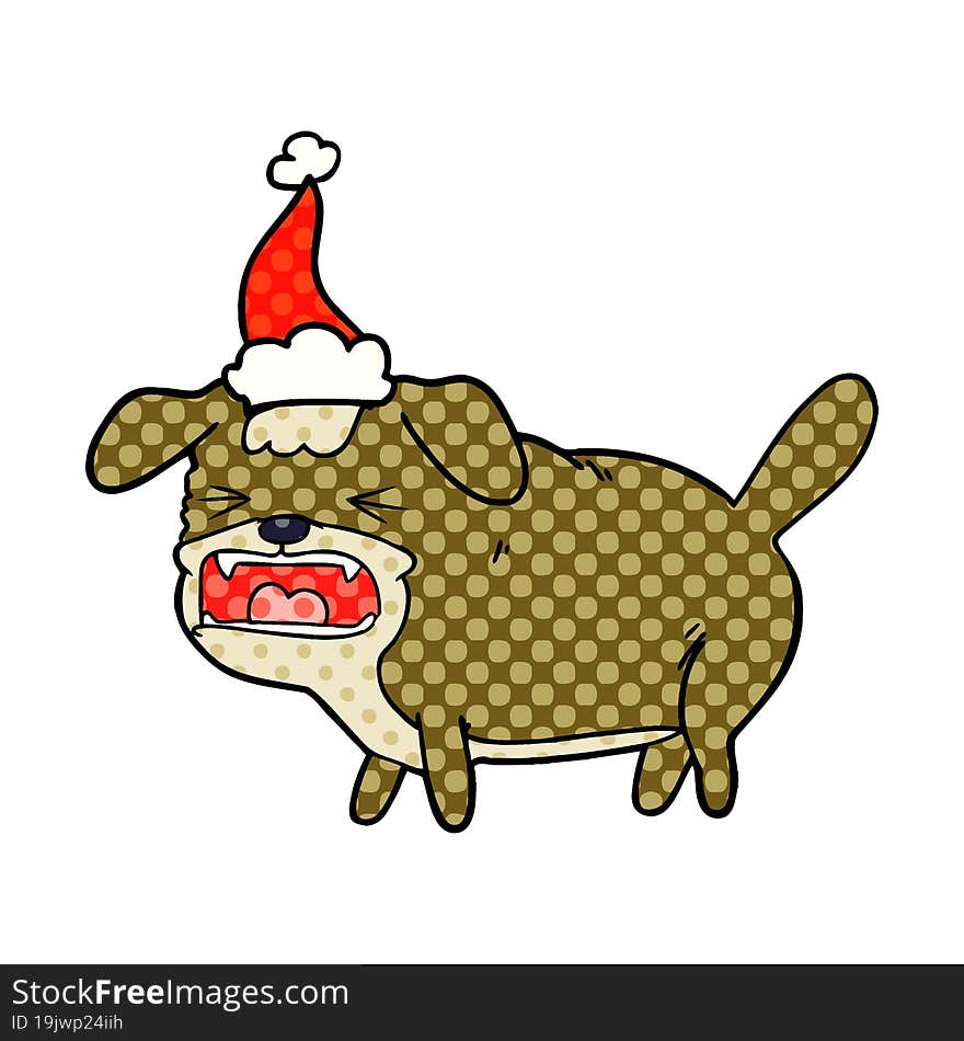 comic book style illustration of a dog barking wearing santa hat