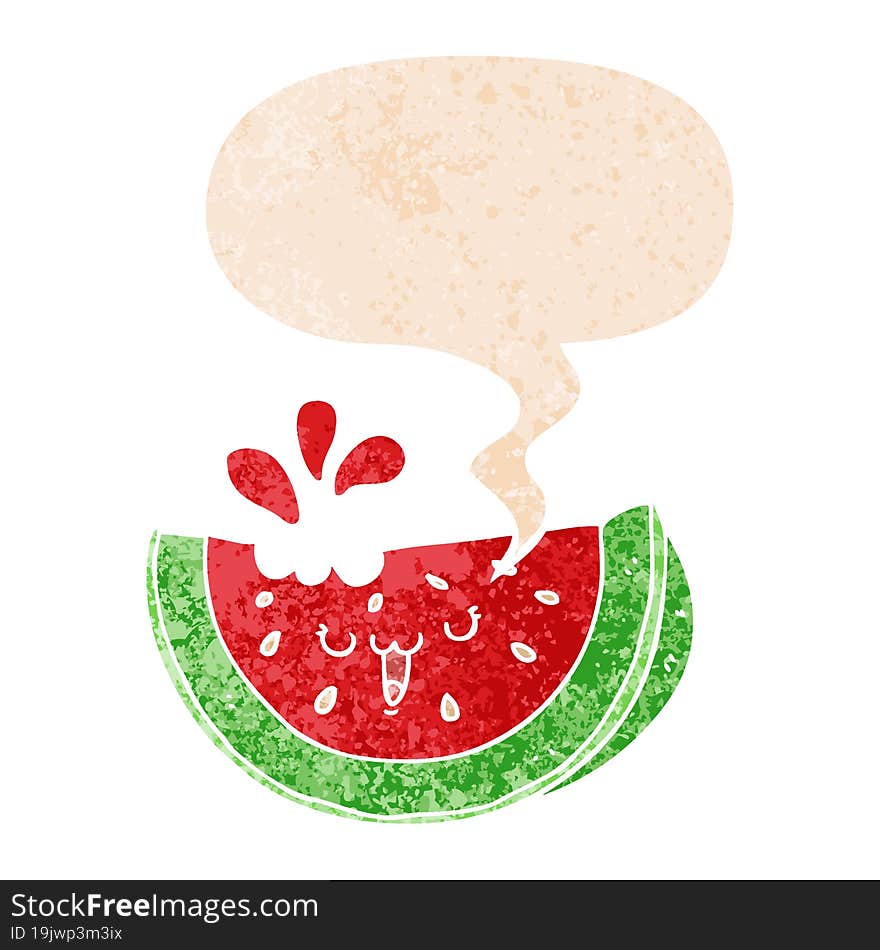 cartoon watermelon and speech bubble in retro textured style