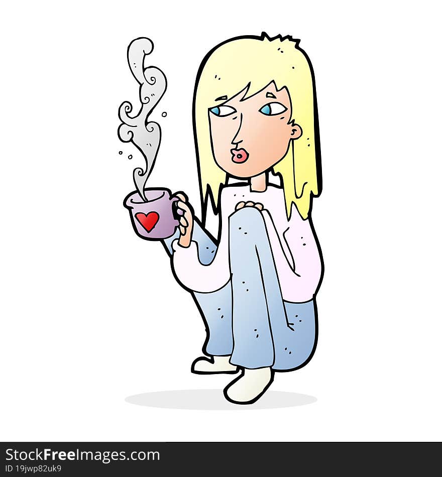 cartoon woman with cup of coffee