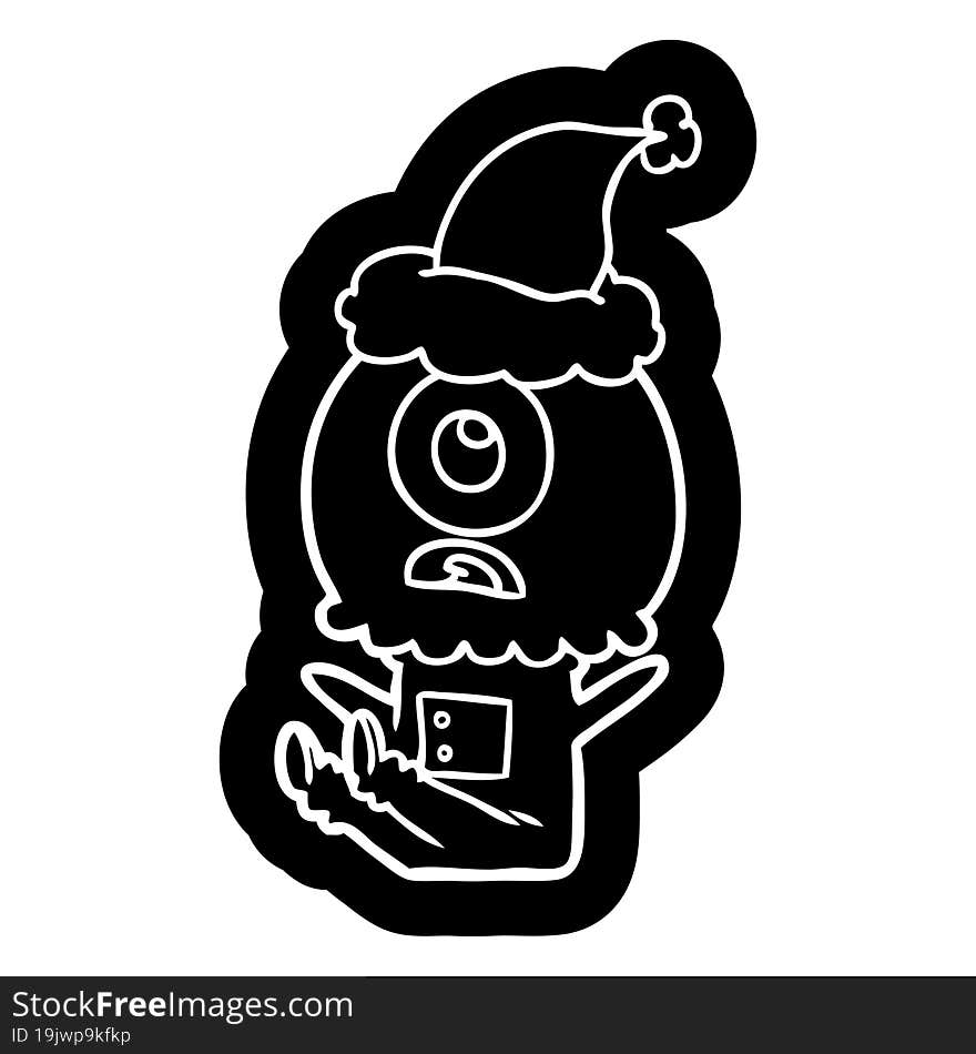 quirky cartoon icon of a cyclops alien spaceman wearing santa hat