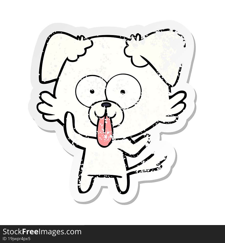 distressed sticker of a cartoon dog with tongue sticking out