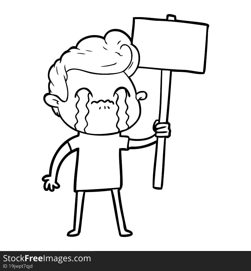 cartoon man crying holding sign. cartoon man crying holding sign