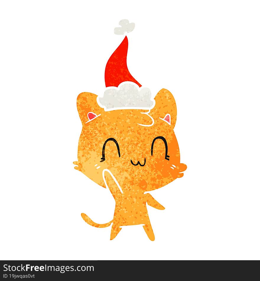 retro cartoon of a happy cat wearing santa hat